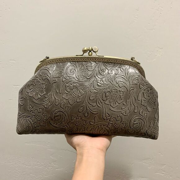 Handsewn Genuine Leather Floral Embossed Double Kiss-lock Clutch/Shoulder Bag - Picture 1 of 14